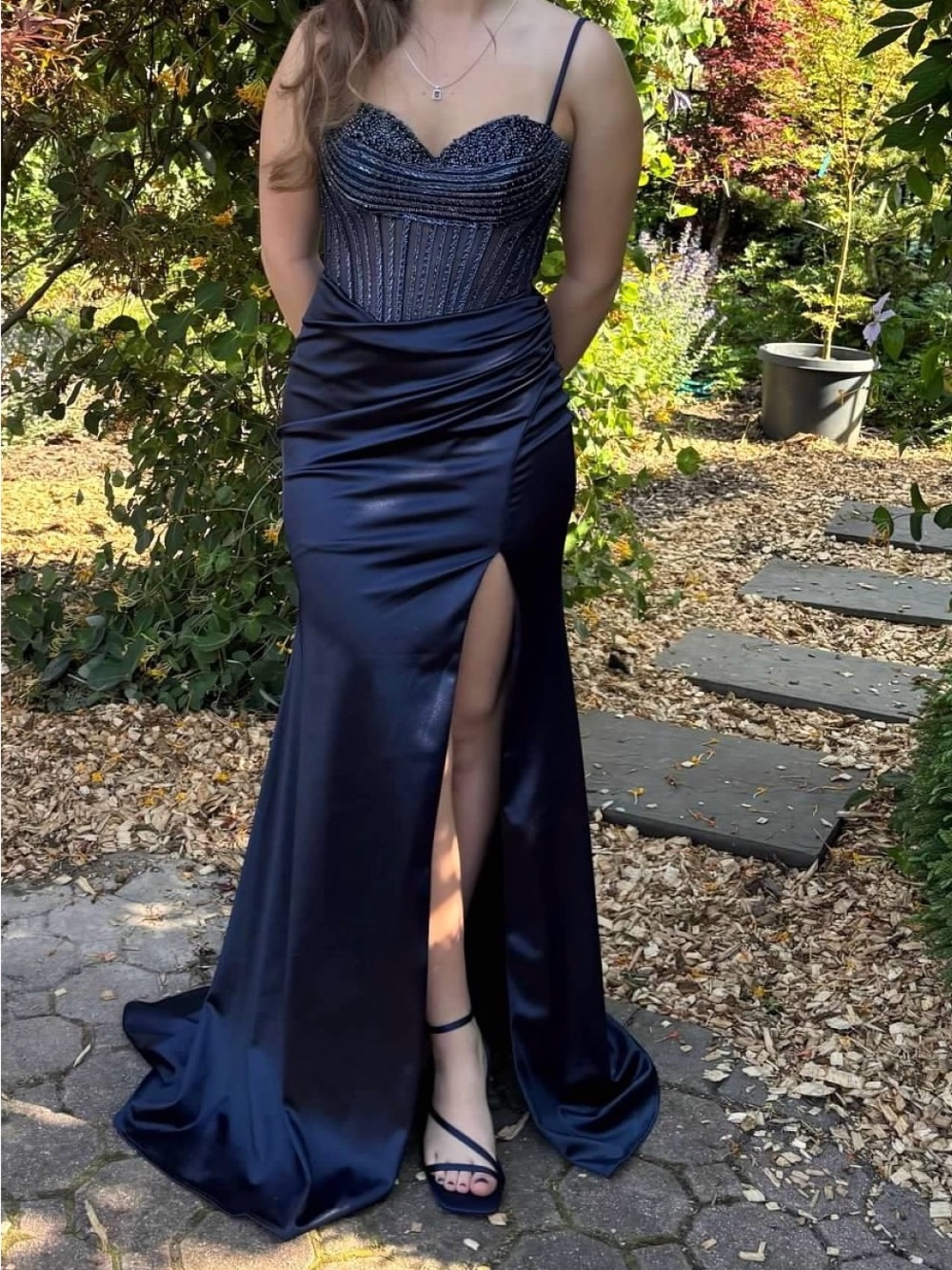 Navy Blue Beaded Corset Satin Prom Dress with Thigh Slit